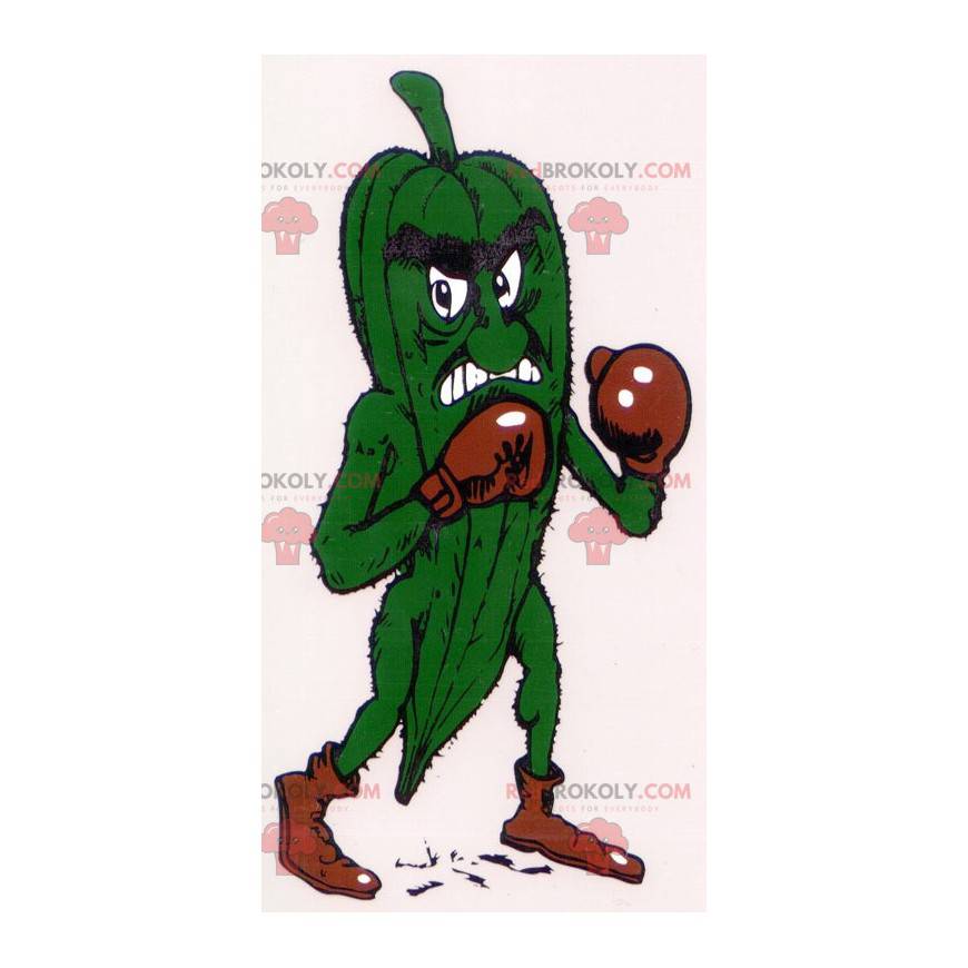 Mascotte de cornichon vert farouche avec des gants de boxe -