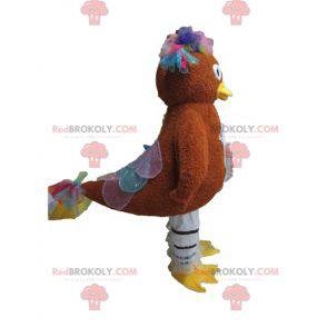 Mascotte de poule marron avec des plumes pailletées -