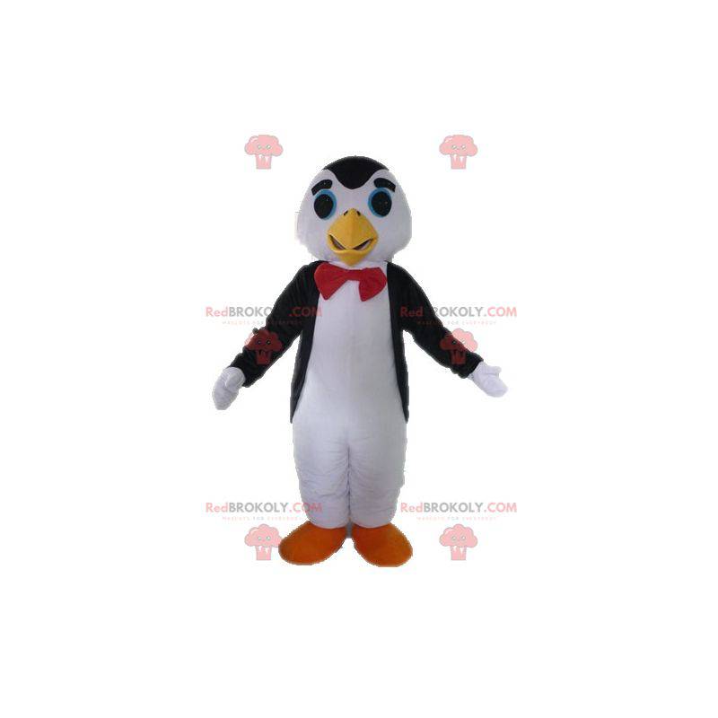 Mascotte de pingouin noir et blanc avec un nœud papillon -