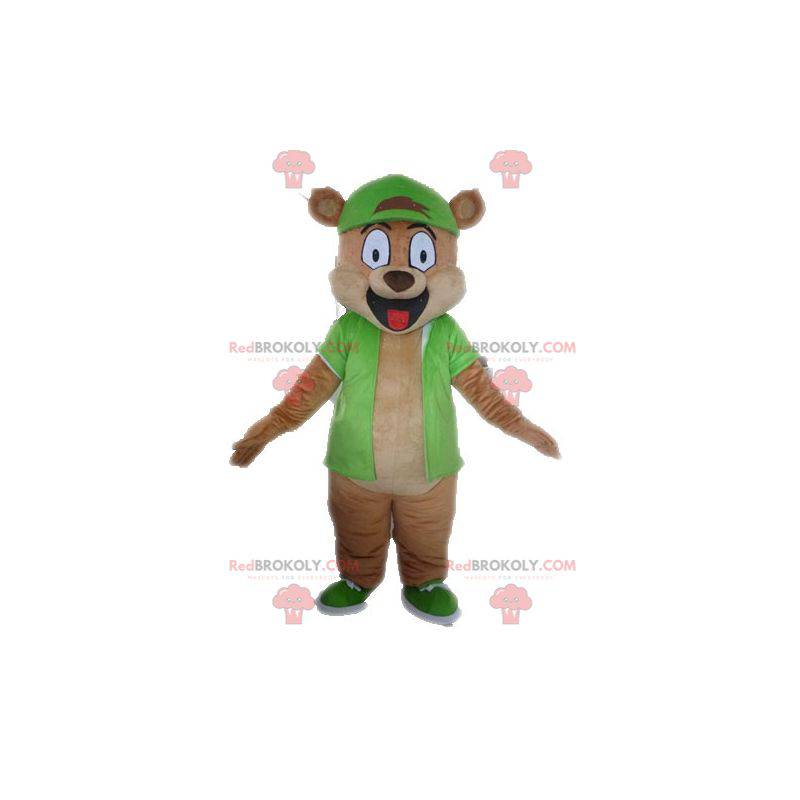 Giant brown bear mascot dressed in green - Redbrokoly.com