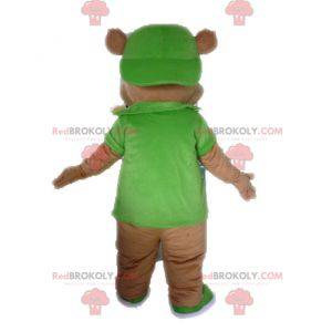 Maskotka gigantyczny niedźwiedź brunatny ubrany na zielono -