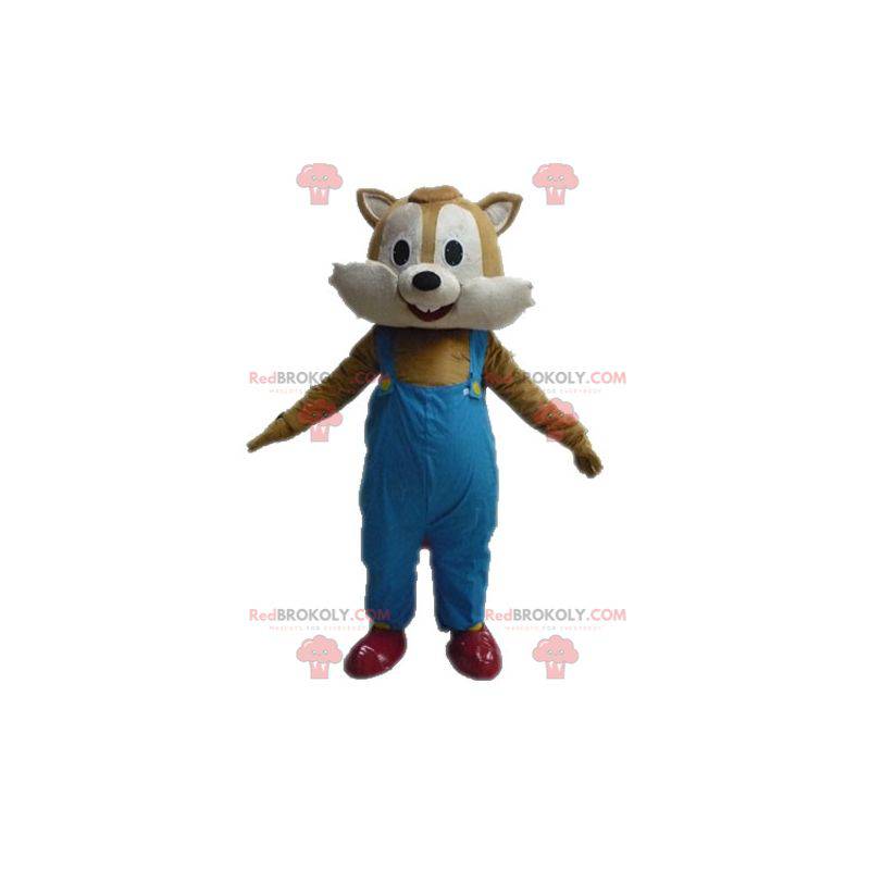 Mascote esquilo marrom e bege de macacão - Redbrokoly.com