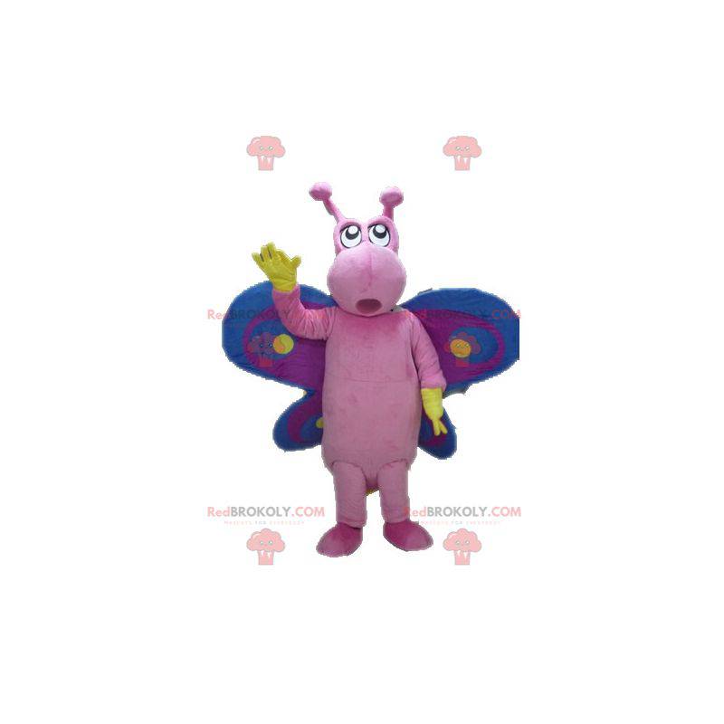 Funny and colorful pink purple and blue butterfly mascot -