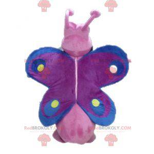 Engraçado e colorido mascote de borboleta rosa roxa e azul -