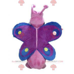 Grappige en kleurrijke roze paars en blauwe vlinder mascotte -