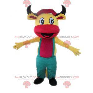 Yellow and pink cow mascot with overalls - Redbrokoly.com