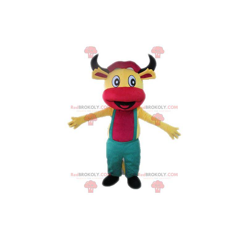 Mascote vaca amarela e rosa com macacão - Redbrokoly.com