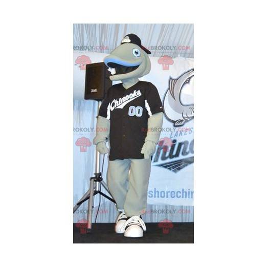 Very smiling gray and blue fish mascot - Redbrokoly.com