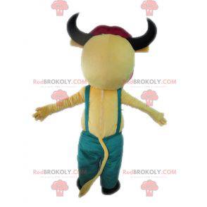 Yellow and pink cow mascot with overalls - Redbrokoly.com