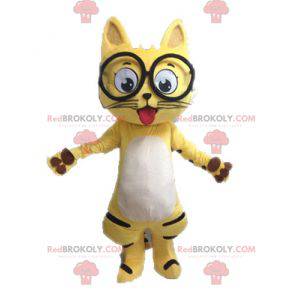 Mascota de gato amarillo blanco y negro con gafas -