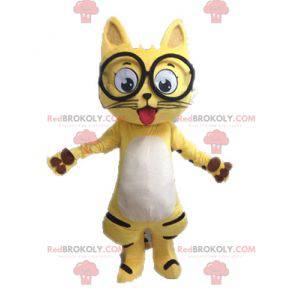 Mascotte de chat jaune noir et blanc avec des lunettes -