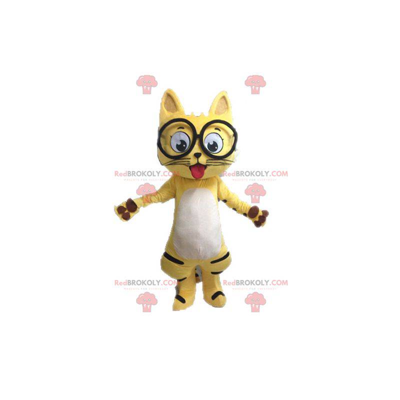 Svart och vit gul kattmaskot med glasögon - Redbrokoly.com