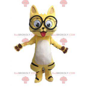 Schwarzweiss-gelbes Katzenmaskottchen mit Brille -