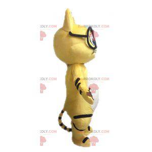 Mascotte de chat jaune noir et blanc avec des lunettes -