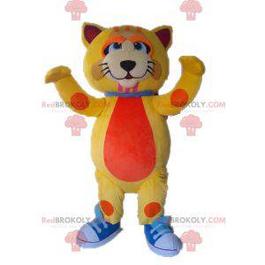 Mascot grote kat geel en oranje schattig en kleurrijk -