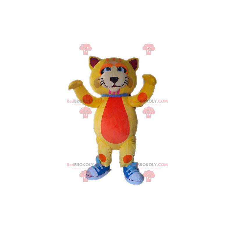 Mascot grote kat geel en oranje schattig en kleurrijk -