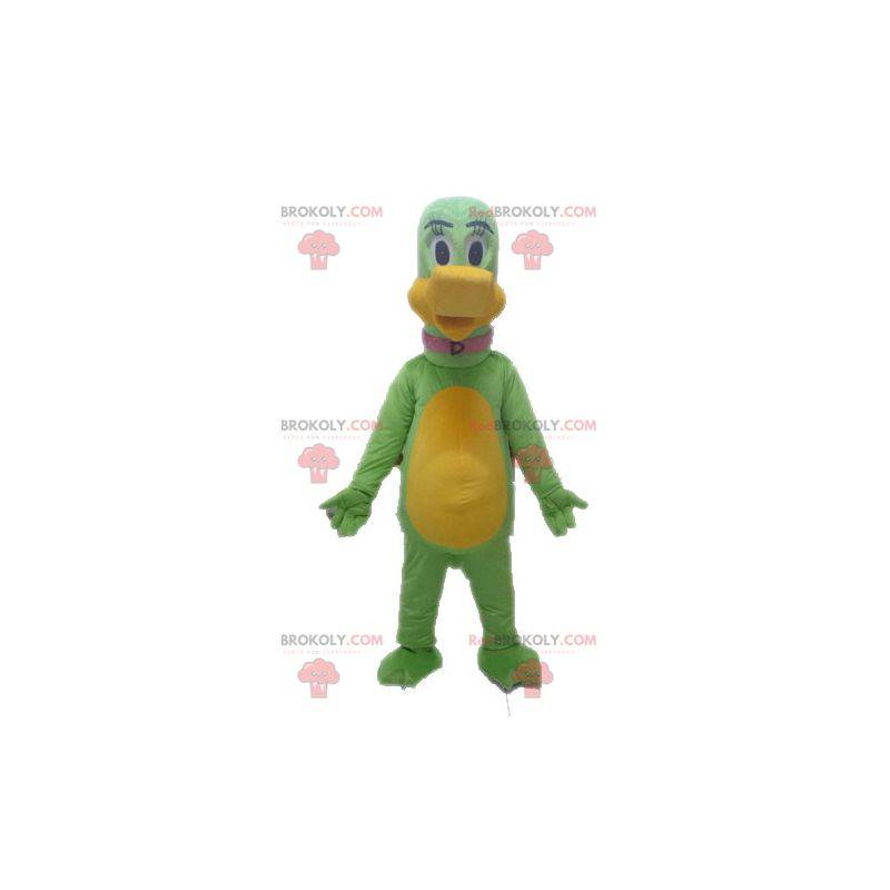 Mascote gigante de dinossauro verde e amarelo - Redbrokoly.com