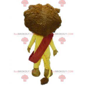 Mascotte de lion jaune et marron avec des lunettes -