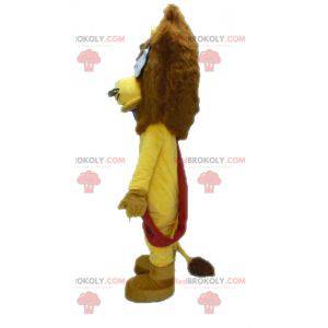 Mascotte de lion jaune et marron avec des lunettes -