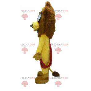 Mascotte de lion jaune et marron avec des lunettes -