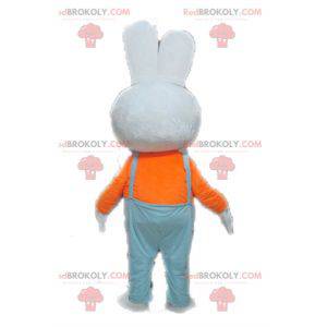 Hvid kaninmaskot med blå overall - Redbrokoly.com