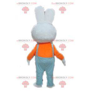 Biały królik maskotka z niebieskim kombinezonem - Redbrokoly.com