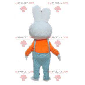 Wit konijn mascotte met blauwe overall - Redbrokoly.com