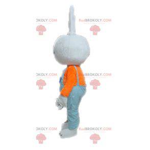 Wit konijn mascotte met blauwe overall - Redbrokoly.com