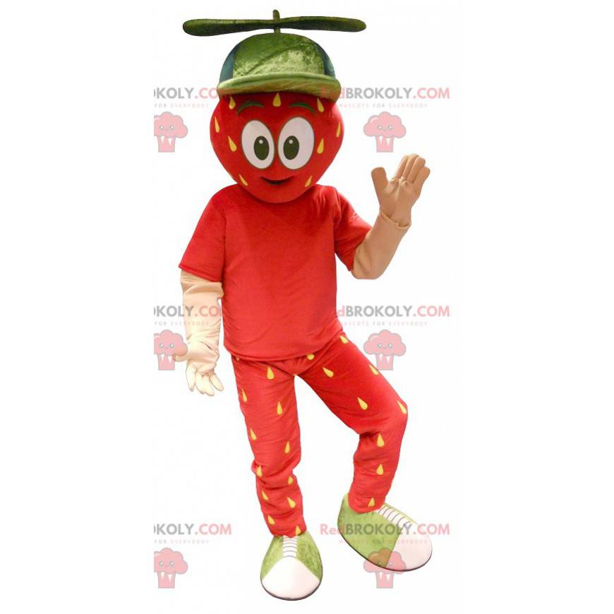 Mascota de fresa gigante roja y amarilla - Redbrokoly.com