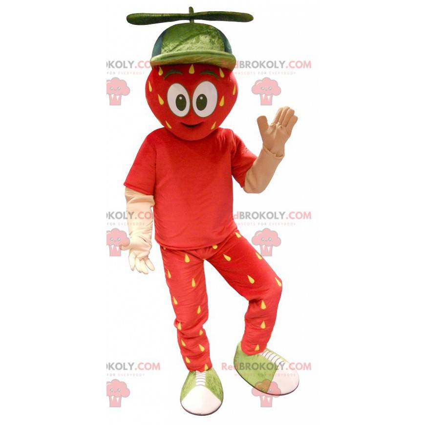 Mascote morango gigante vermelho e amarelo - Redbrokoly.com