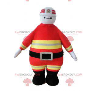 Mascotte pompiere in uniforme arancione e gialla -