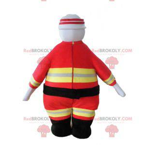 Mascotte pompiere in uniforme arancione e gialla -