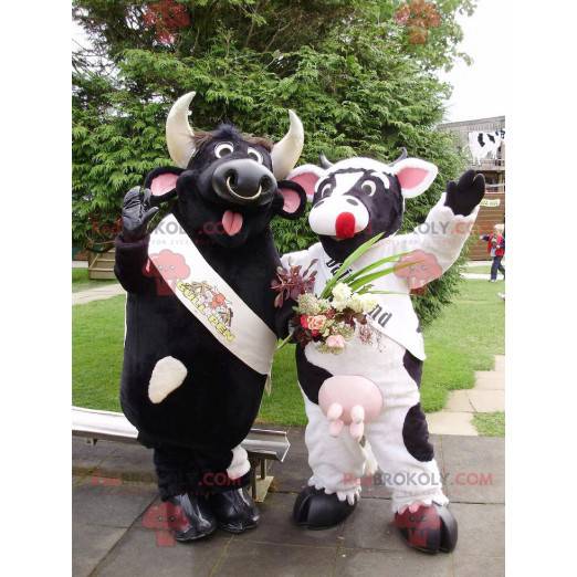 2 mascotas un toro negro y una vaca blanca y negra -