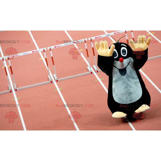 Mascotte talpa nera e grigia carina e sorridente -