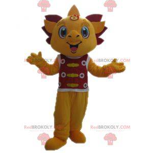 Mascotte de dragon jaune et rouge. Mascotte souriante -