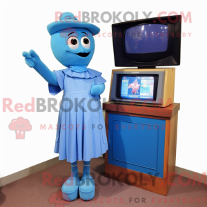 Blå tv-maskotkostumefigur...