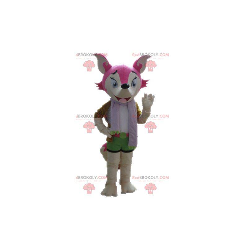 Mascote raposa rosa e branca feminina e colorida -