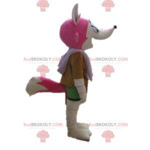 Maskottchen rosa und weißer Fuchs weiblich und bunt -