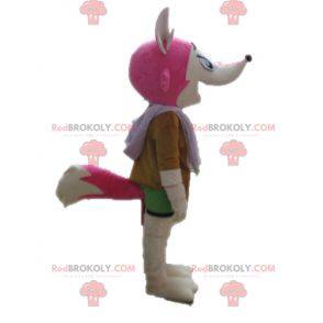 Mascot roze en witte vos vrouwelijk en kleurrijk -
