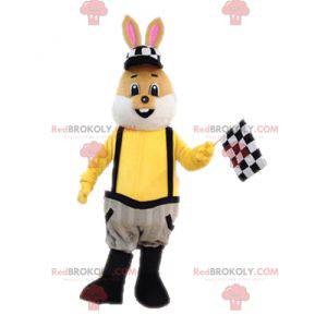 Brown and white rabbit mascot dressed in overalls -