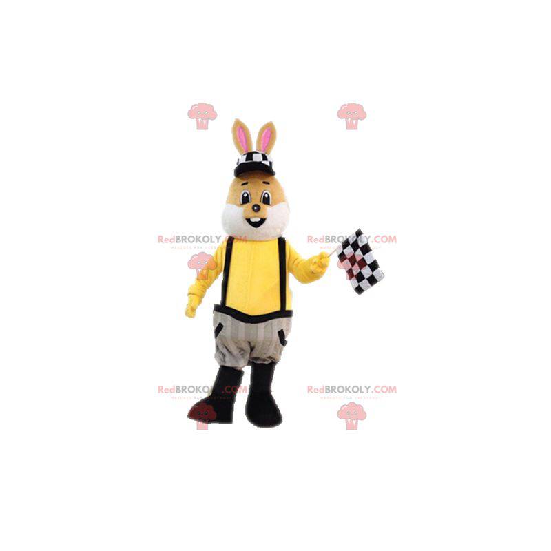 Brown and white rabbit mascot dressed in overalls -