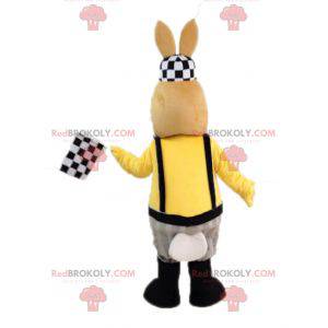 Brown and white rabbit mascot dressed in overalls -