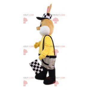 Brown and white rabbit mascot dressed in overalls -