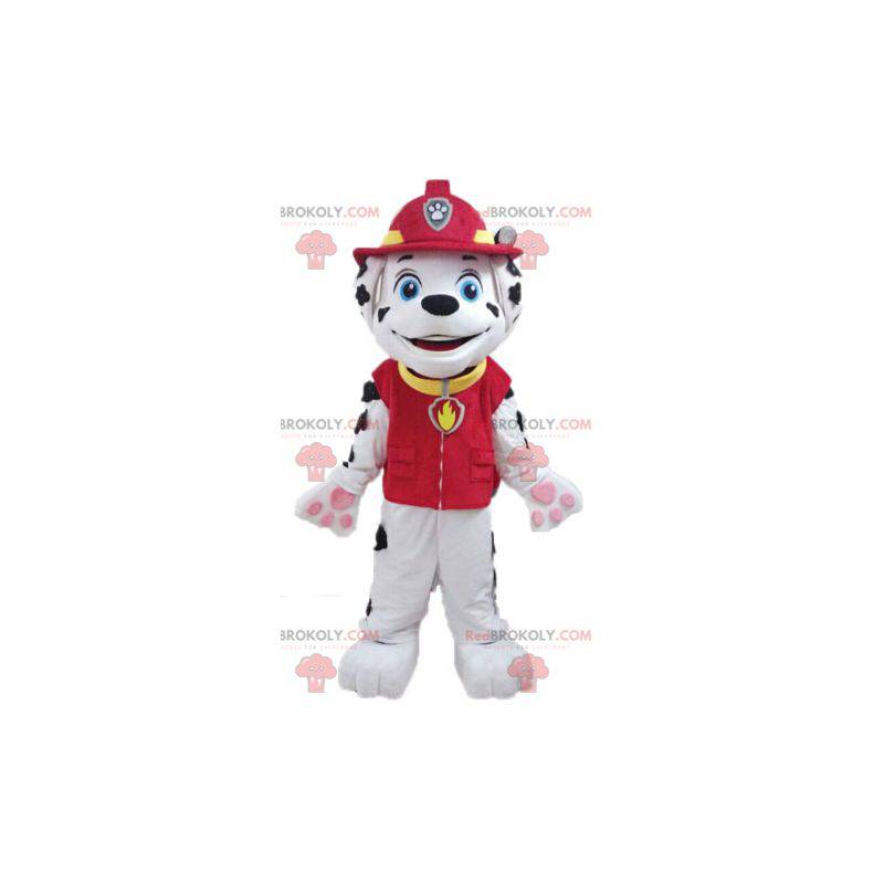 Cachorro dálmata mascote vestido com uniforme de bombeiro -