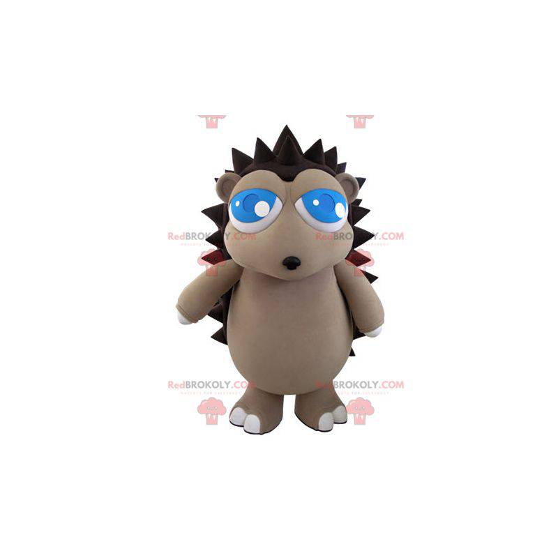 Mascota de erizo gris y marrón con bonitos ojos azules -