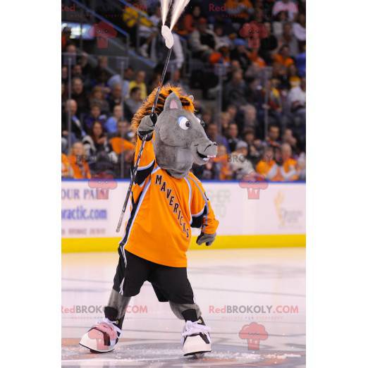 Mascote de burro potro cinza com uma juba laranja -