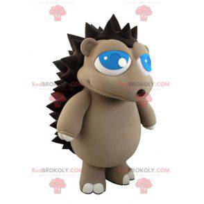Graues und braunes Igelmaskottchen mit hübschen blauen Augen -