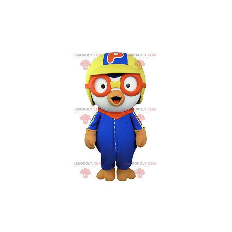 White bird mascot dressed in colorful aviator outfit -