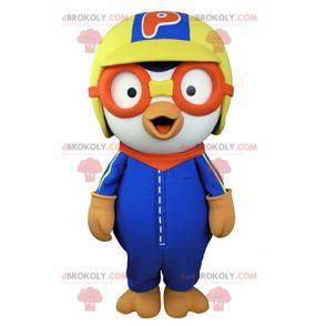 White bird mascot dressed in colorful aviator outfit -