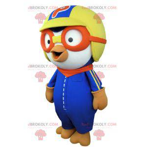 White bird mascot dressed in colorful aviator outfit -